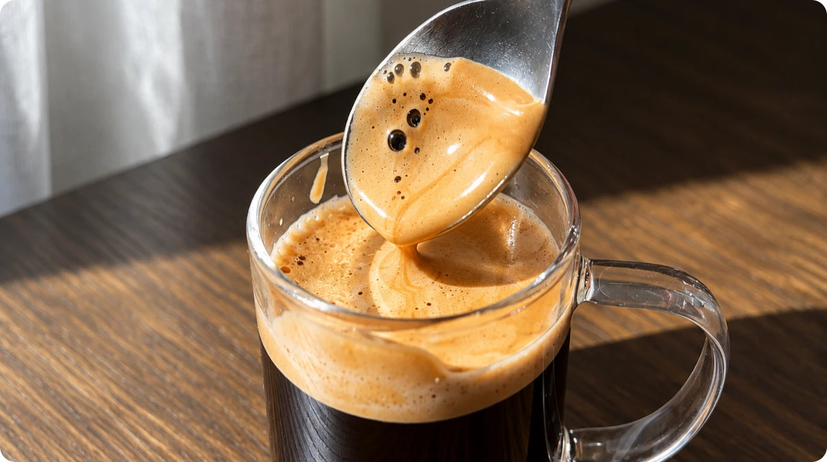 Spoon lifting thick crema from a glass of espresso