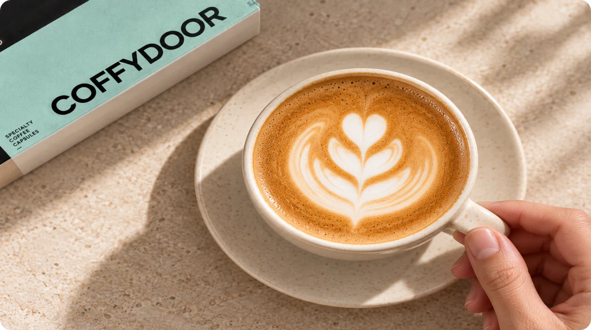 Flat white with latte art beside a Coffydoor capsule box
