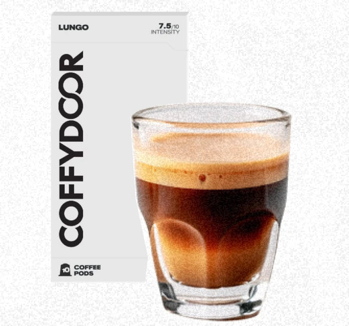 Coffydoor Lungo pod box beside a tall glass of coffee
