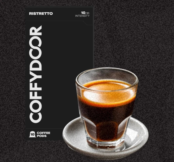 Coffydoor Ristretto pod box beside a short dark shot