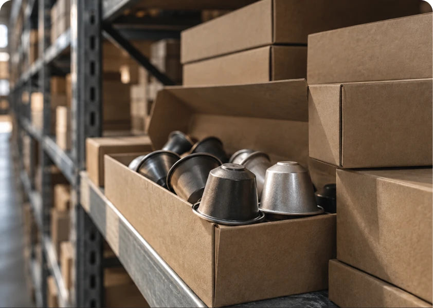 Coffee pods packed in cardboard boxes on a warehouse shelf.